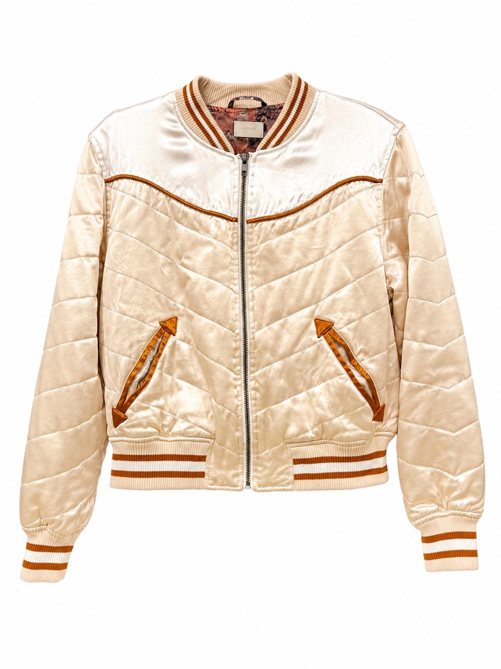 MOTHER Flying Colors Quilted Satin Bomber Jacket Ivory Champagne Western Style